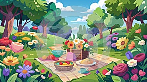 Idyllic Summer Picnic Scene in Blossoming Nature