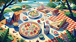 Idyllic Summer Picnic Scene with Pizza and Refreshments in Park photo