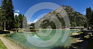 Idyllic summer view of Gover lake  at Gressoney-Saint-Jean with the Monterosa in the background. In the Lys Valley. Aosta Valley,