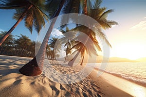 Idyllic Sunrise Scene of Superior Sandy Beach with Palm Trees, Generative AI