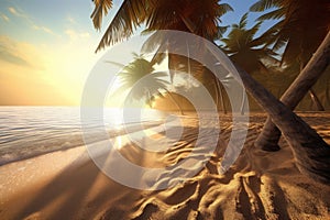 Idyllic Sunrise Scene of Superior Sandy Beach with Palm Trees, Generative AI