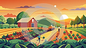 Idyllic Sunset on a Bustling Farm Landscape with Workers and Harvest photo
