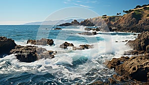 Idyllic sunset over water, breaking wave splashing on rocky coastline generated by AI