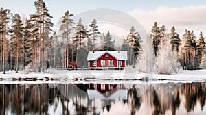 Idyllic Swedish house in winter scenery, Red cottage in pine forest. Generative AI