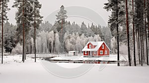 Idyllic Swedish house in winter scenery, Red cottage in pine forest. Generative AI