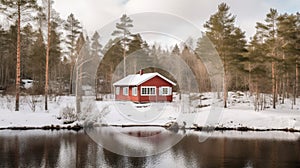 Idyllic Swedish house in winter scenery, Red cottage in pine forest. Generative AI