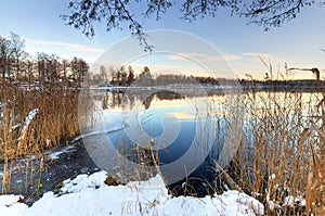 Idyllic Swedish lake landscape in winter
