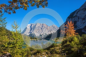 Idyllic tirolean landscape, lake seebensee and Zugspitze mountain