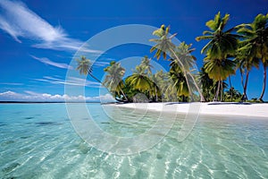 Idyllic tropical beach with green palm trees, colorful landscape. Golden sand and blue water create atmosphere relaxation.