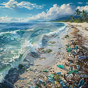 Idyllic tropical beach scene overshadowed by the environmental problem of plastic waste littering the sand and washing ashore