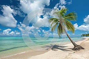 Idyllic tropical beach with a single palm tree on a sunny day, concept of paradise and natural tranquility.