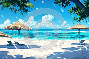 Idyllic tropical beach with umbrellas and chairs