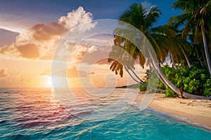 Idyllic tropical coastline at sunset, serene summer vacation scene