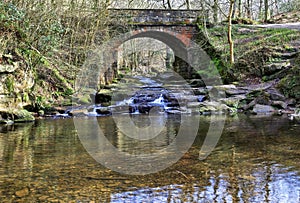 Idyllic tumbling May Beck River under Beck Lane Bridge near Falling Foss