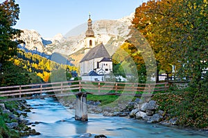 Idyllic view on alpine village Ramsau bei Berchtesgaden with church during autumn, Bavaria, Germany