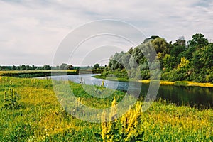 View of a calm, rural scene with a wide river reflecting the peaceful, verdant greenery of the countryside photo