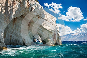 Idyllic view of famous blue caves on Zakynthos island