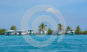 Idyllic view of a fleet of boats moored by a picturesque tropical island.