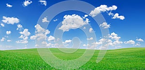 Idyllic view, green hills and blue sky with white clouds