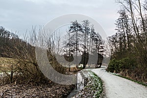 Idyllic view over the Baudouin park with a walking path along the Molenbeek creek and bare trees in winter, Belgium