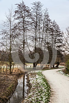 Idyllic view over the Baudouin park with a walking path along the Molenbeek creek and bare trees in winter, Belgium