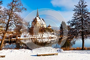 Idyllic view of the pilgrimage church and in Maria Worth in winter, Carinthia, Austria. Pfarrkirche Mariae Himmelfahrt, Ã–