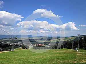 Idyllic view from the top of the mountain Kotelnica to Bialka Tarzanska village. Poland