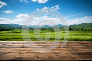 Idyllic view Wooden floor, green rice fields, and expansive blue sky