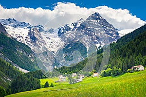 Idyllic village in Stelvio pass valley an italian Dolomites at springtime, Italy