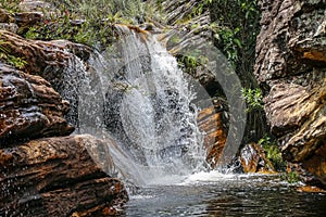 Idyllic water cascades in a narrow gorge, Biribiri State Park, Minas Gerais, Brazil