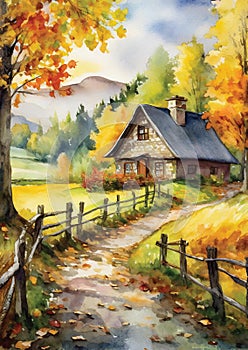 An idyllic watercolor painting capturing the essence of an autumn countryside with golden foliage and a rustic cottage.