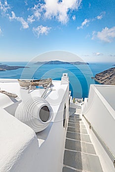 Idyllic white decoration and architecture Santorini island view in Greece. Travel, tourism destination, luxury scenic