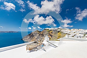 Idyllic white decoration and architecture Santorini island view in Greece. Travel, tourism destination, luxury scenic