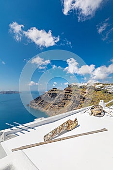 Idyllic white decoration and architecture Santorini island view in Greece. Travel, tourism destination, luxury scenic