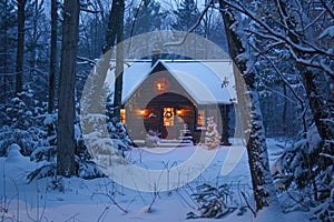 Idyllic Winter Cabin Retreat with Snow-Covered Roof and Warm Glowing Windows in a Snowy Forest