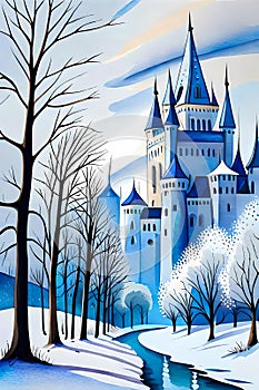Idyllic winter landscape with fairytale castle