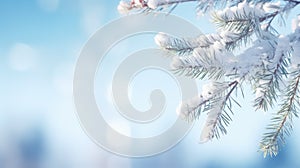 Idyllic winter scene background with snowy fir tree. Branches covered with hoarfrost