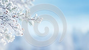 Idyllic winter scene background with snowy fir tree. Branches covered with hoarfrost