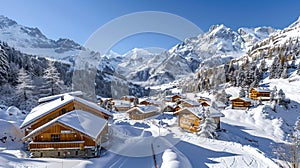 Idyllic winter scene of a snow-covered mountain village. Serene Alpine landscape with cozy chalets, perfect for holiday