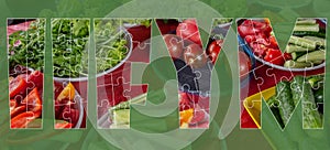 If it fits your macros concept. Letters IIFYM made from puzzle elements with healthy food on transparent background. Dieting and photo