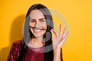 If I were man. Close up photo of amazing lady making moustache with one curl like guy wear shiny red dress isolated