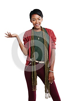 If not why not. Studio portrait of a young woman gesturing against a white background.