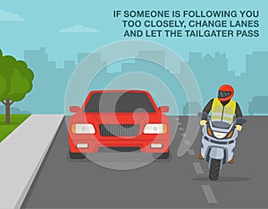 If someone is following too closely, change lanes and let the tailgater pass. Front view of a motorcycle changing lane.