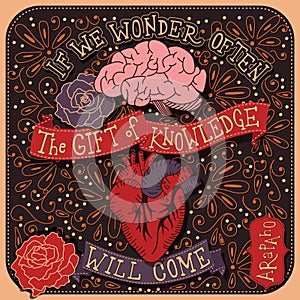 If we wonder often the gift of knowledge will come inspirational quote, handlettering design with decoration, native american