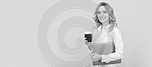 If you feel tired take break. Happy career girl hold paper cup. Tea break at work. Woman  face portrait, banner