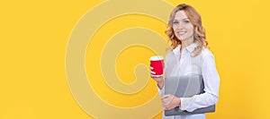 If you feel tired take break. Happy career girl hold paper cup. Tea break at work. Woman isolated face portrait, banner