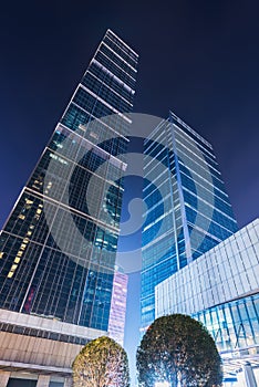 IFS skyscrapers low angle view at night in the center of Chengdu