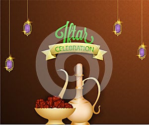 Iftar celebration conceot with dates and drink on brown background.