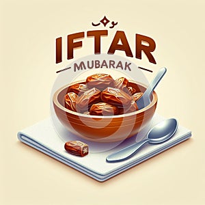 Iftar Mubarak with bowl of dates and spoon on a white napkin, beautiful Islamic wish, holy month of Ramzan