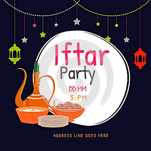 Iftar Party Invitation Card, Poster Design with Festival Elements, Event Details on White and Blue